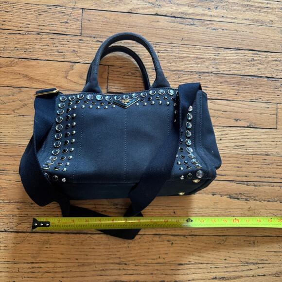 Prada Canapa Studded Black Canvas Tote Bag with Strap crystals - Picture 2 of 9